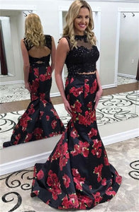 Two Piece Jewel Black Printed Satin Open Back Prom Dress with Appliques