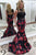 Two Piece Jewel Black Printed Satin Open Back Prom Dress with Appliques