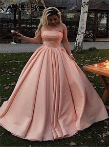 Ball Gown Strapless Blush Pink Satin Pleats Prom Dress