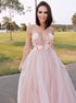 A Line Tulle V Neck HandMade Flowers Backless Prom Dresses LBQ3353