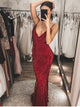 Burgundy Sequins Mermaid Spaghetti Straps V Neck Backless Prom Dress