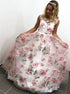 A Line Scoop Appliques Tulle Lace Up Pink Prom Dress LBQ3943