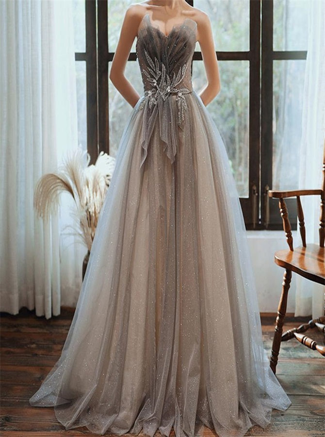 A Line Sweetheart Beadings Tulle Lace Up Grey Prom Dress | Alinepromdress A Line Sweetheart Beadings Tulle Lace Up Grey Prom Dress | Alinepromdress