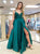 Green Satin A Line Spaghetti Straps Prom Dresses with Slit 