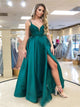 Green Satin A Line Spaghetti Straps Prom Dresses with Slit 
