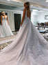 A Line Gray V Neck Tulle Beadings Backless Prom Dress LBQ4286