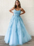 A Line Spaghetti Straps Blue Lace Tulle Prom Dress LBQ3591