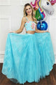 Two Piece A Line Straps Blue Satin Prom Dresses with Embroidery