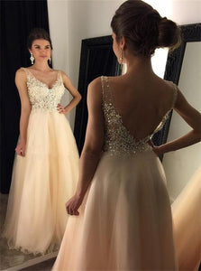 A Line V Neck Tulle Beadings Backless Prom Dresses