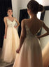 A Line V Neck Tulle Beadings Backless Prom Dresses LBQ3573