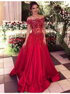 A Line Off the Shoulder  Satin Prom Dress with Beading Lace