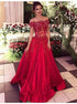 A Line Off the Shoulder Sweep Train Red Satin Prom Dress with Beading Lace LBQ3498