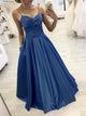 A Line Spaghetti Straps Blue Satin Prom Dresses with Pleats