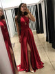 A Line Red Halter Split Satin Prom Dresses