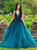 A Line Deep V Neck Appliques Tulle Prom Dresses