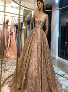 One Shoulder A Line Sequin Long Sleeves Prom Dresses