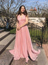 A Line V Neck Tulle Pink Pleats Prom Dress LBQ4239