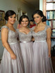A Line V Neck Tulle Appliques Prom Dresses