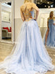 Sweep Train Blue Evening Dresses with Slit