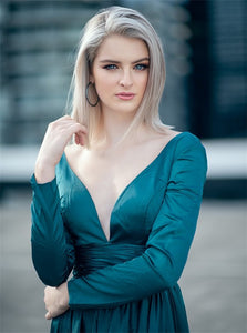 A Line Long Sleeves Ruffles Satin Chiffon V Neck Prom Dresses