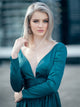A Line Long Sleeves Ruffles Satin Chiffon V Neck Prom Dresses