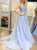 A Line Spaghetti Straps Appliques Blue Tulle Lace Up Prom Dresses