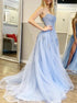 A Line Spaghetti Straps Appliques Blue Tulle Lace Up Prom Dress LBQ4181