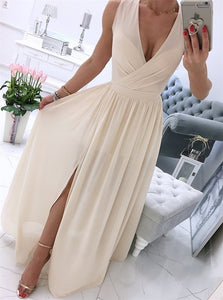 A Line V Neck Chiffon Champagne Prom Dresses with Slit