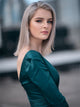 A Line Long Sleeves Ruffles Satin Chiffon V Neck Prom Dresses LBQ3373