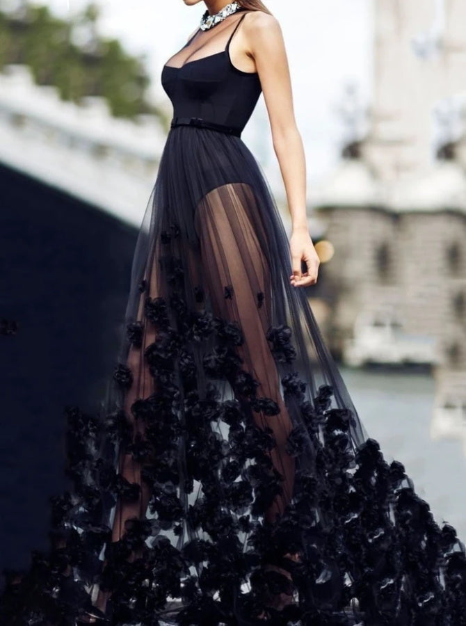 A Line Black Spaghetti Straps Tulle Flowers Prom Dress | Alinepromdress A Line Black Spaghetti Straps Tulle Flowers Prom Dress | Alinepromdress