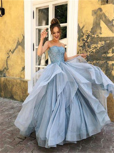 A Line Strapless Appliques Tulle Prom Dresses