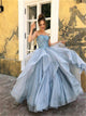A Line Strapless Appliques Tulle Prom Dresses