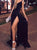 A Line Sequin Spaghetti Strap Slit Prom Dresses