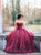 Burgundy Ball Gown Sweetheart Appliques Tulle Prom Dresses 
