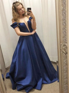 A Line Off the Shoulder Blue Satin Pleats Prom Dresses 