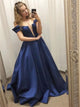 A Line Off the Shoulder Blue Satin Pleats Prom Dresses 
