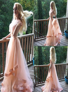 Two Pieces A Line Scoop Beadings Tulle Pink Prom Dresses