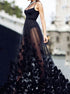 A Line Black Spaghetti Straps Tulle Flowers Prom Dress LBQ3611