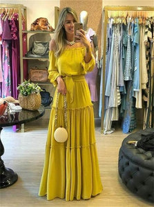 A Line Off the Shoulder Chiffon Pleats Long Sleeves Prom Dresses