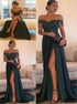 A Line Slit Off the Shoulder Applique Satin Prom Dresses LBQ3790