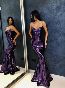 Purple Mermaid Spaghetti Straps Sequins Prom Dresses