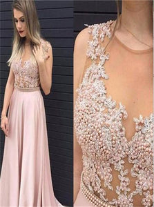 Pink A Line Satin Scoop Beaded Prom Dresses