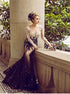 Mermaid Black and White Long Sleeves Scoop Tulle Appliques Prom Dress LBQ3315