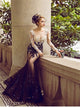 Mermaid Black and White Long Sleeves Scoop Tulle Appliques Prom Dresses