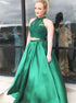Two Piece A Line Lace Scoop Satin Prom Dress With Beads  LBQ3750