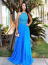 A Line Halter Blue Chiffon Beadings Prom Dress LBQ4132