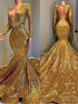 Mermaid V Neck Sequins Long Sleeves Open Back Prom Dresses LBQ3683