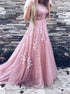A Line Crew Sweep Train Pink Tulle Prom Dress with Appliques LBQ3334