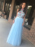 A Line High Neck Tulle Open Back Prom Dress with Embroidery LBQ3944