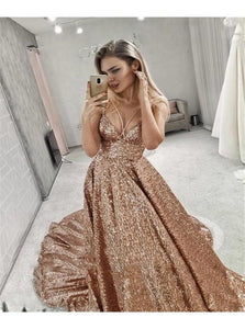 A Line Straps V Neck Long Prom Dresses With Sequin 